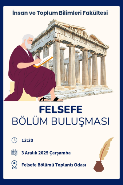 An event poster for a "Philosophy Department Meeting" featuring an illustration of an ancient philosopher writing in front of the Parthenon, scheduled for Wednesday, December 3, 2025, at 13:30 in the Department Meeting Room.