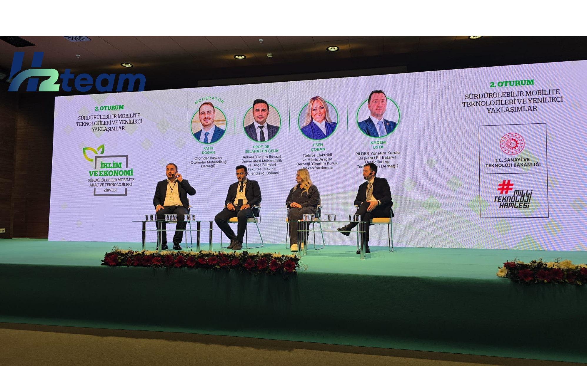 Photo of Fatih Doğan, Selahattin Çelik, Esen Çoban, and Kadem Usta seated side by side on stage from left to right at the “Climate and Economy: Sustainable Mobility Vehicles and Technologies Summit.”