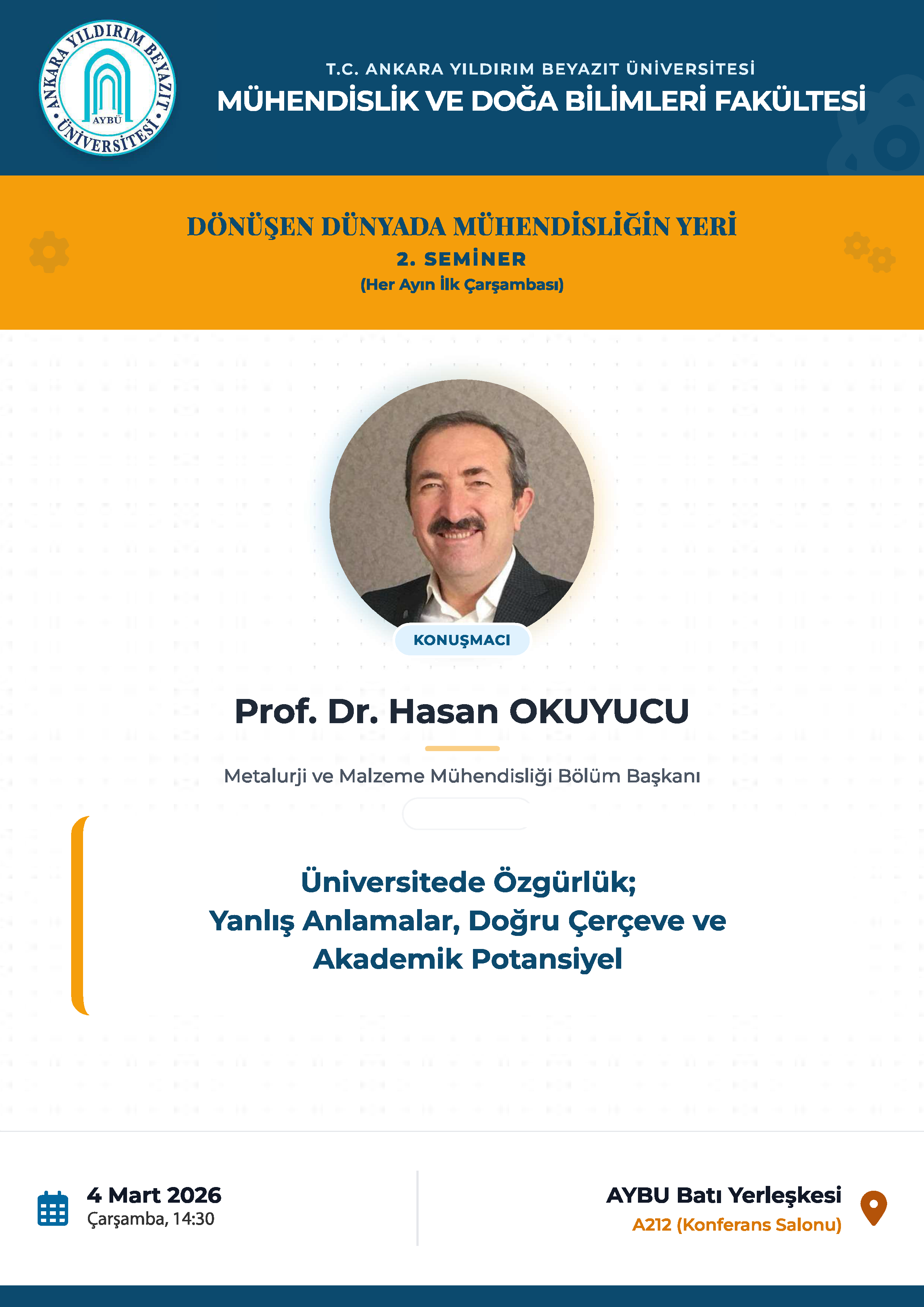 Dönüşen Dünyada Mühendisliğin Yeri 2. Seminer Duyurusu: AYBU Batı A212 Konferans Salonu 4 Mart 2026 Çarşamba 14:30