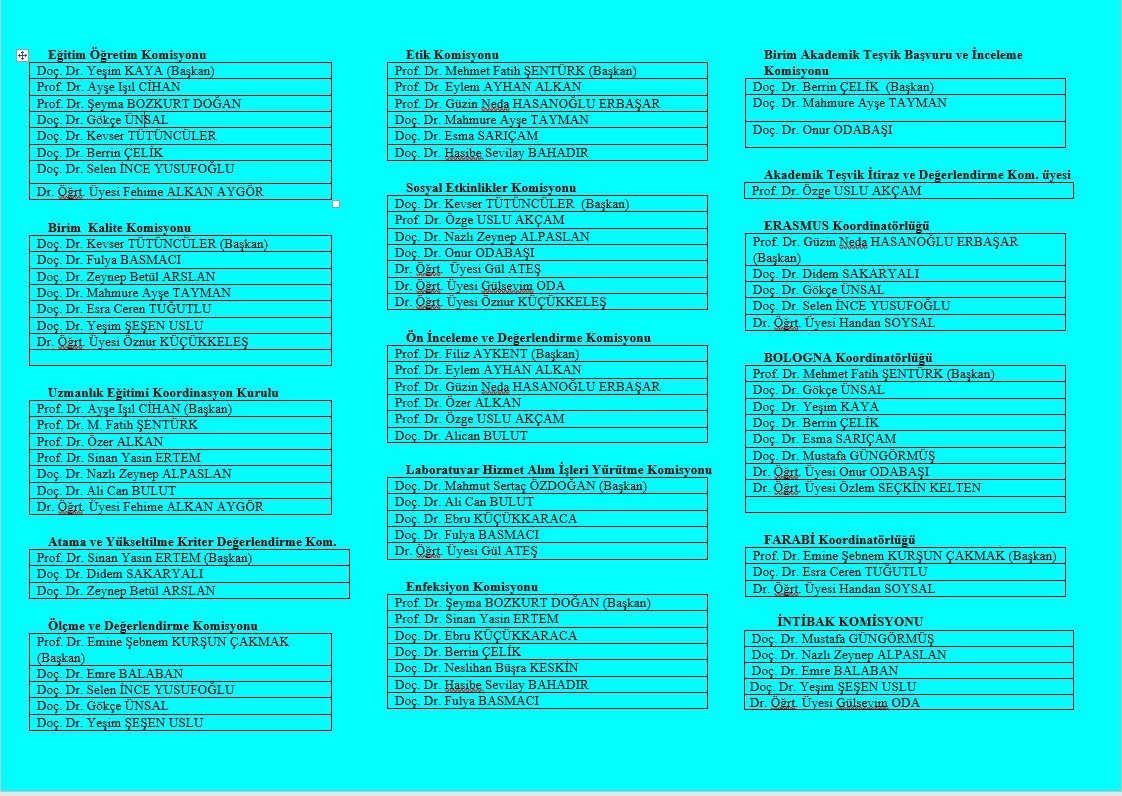 Aybu Diş Hekimliği Fakültesi Komisyonlar ve Üyeleri