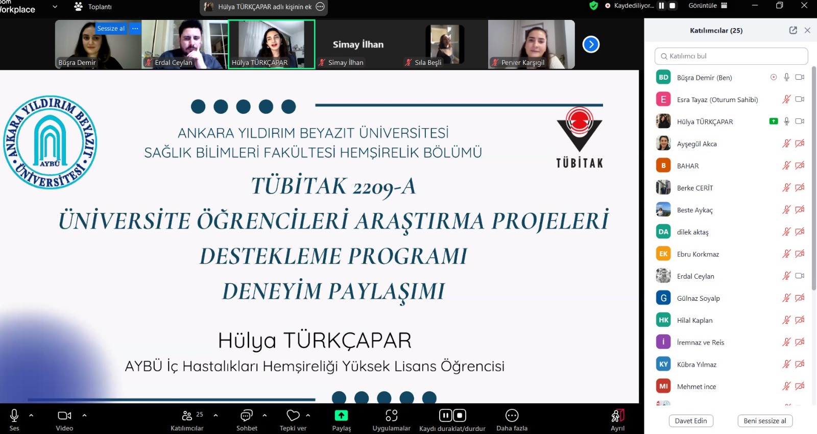 Yüksek lisans öğrencisinin proje hakkında deneyim paylaşımı webinar görüntüsü